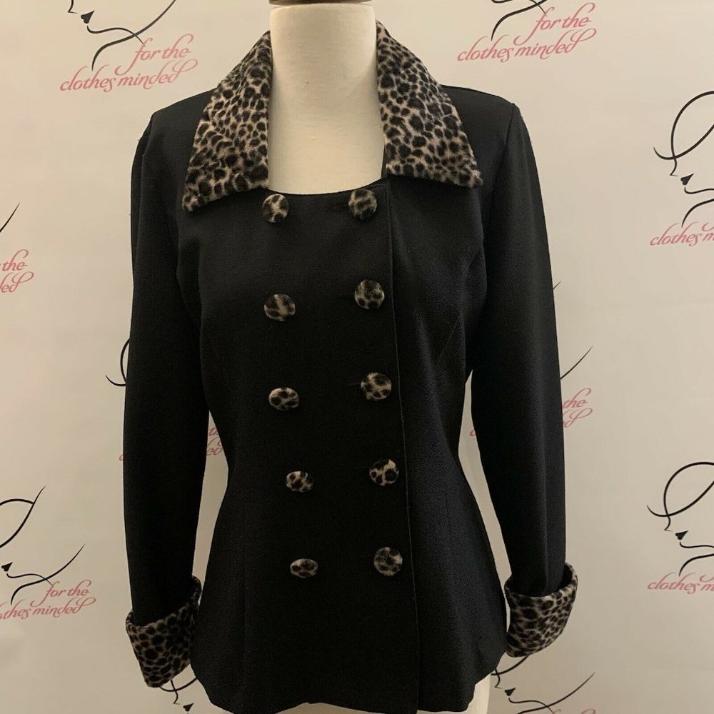 Studio C Black Double-Breasted Blazer with Leopard Trim